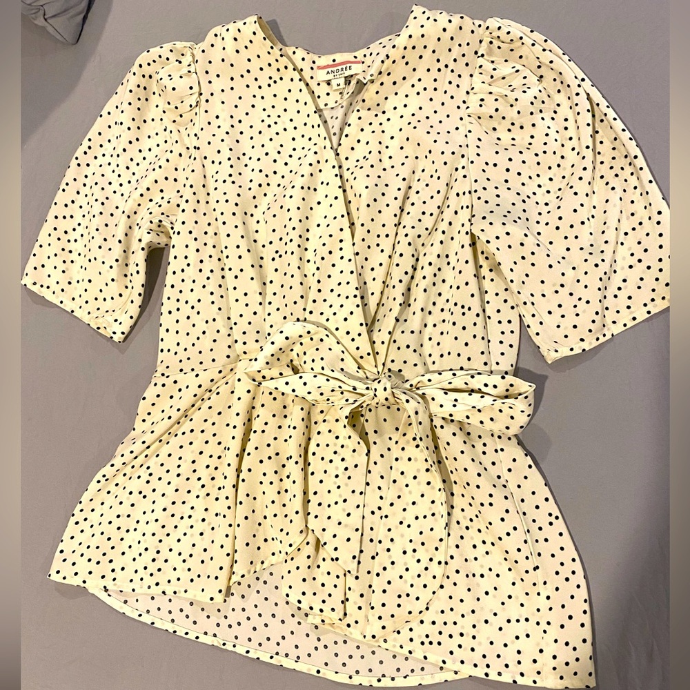 Cream silky blouse with black polka dots! So cute on with bow tie in front!